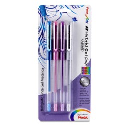 Plumas de Gel Pentel Hybrid Metallic / Punto mediano / Tinta morada plata rosa azul / 4 piezas