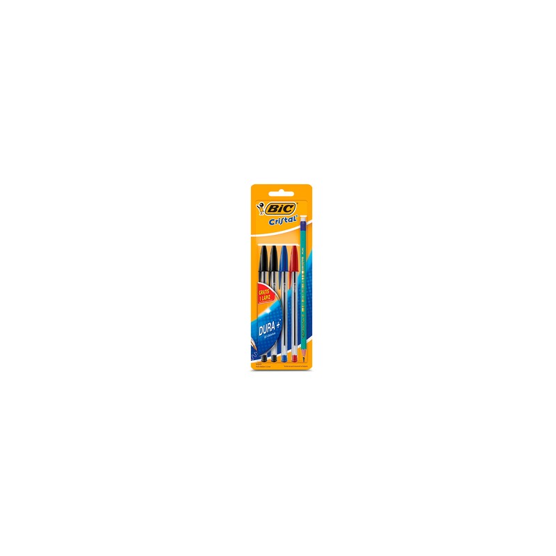 Plumas Bic Cristal Dura Más / Punto mediano / Tinta negra roja azul / 4 piezas más lápiz